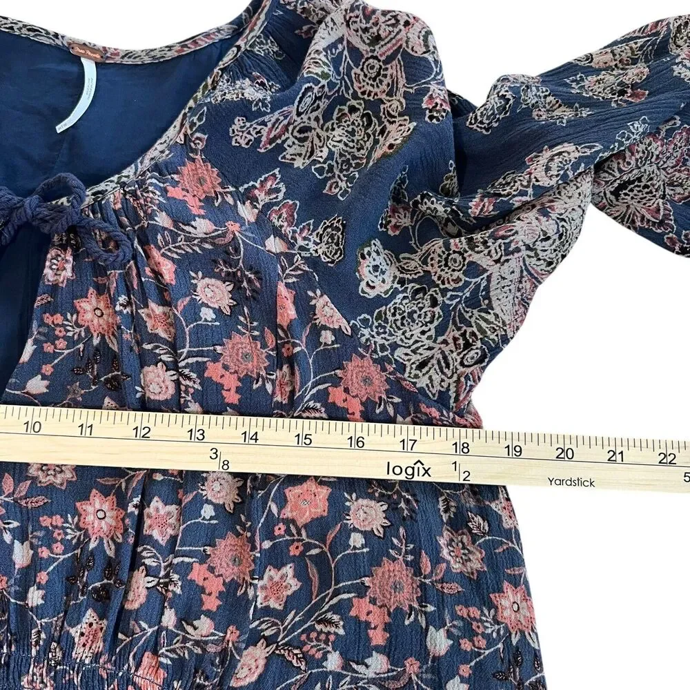 Free People Floral Long Sleeve Mini Dress‎ Womens Sz. Medium Blue Bohemian FLAW